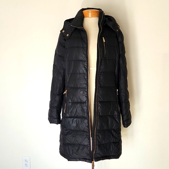 Michael Kors Long Black Winter Coat Large Hooded - Picture 7 of 16